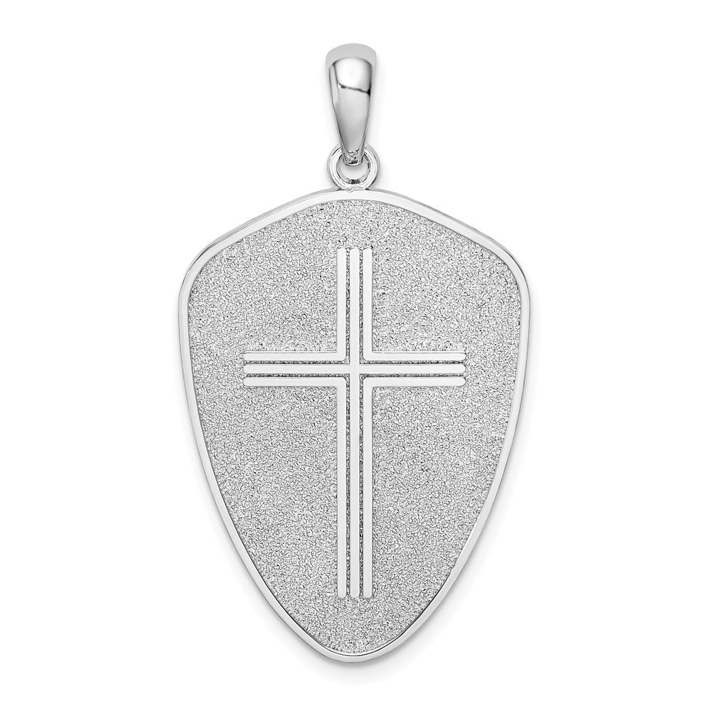 Sterling Silver RH-plated Textured Cross Shield Joshua 1:9 Reverse Pendant