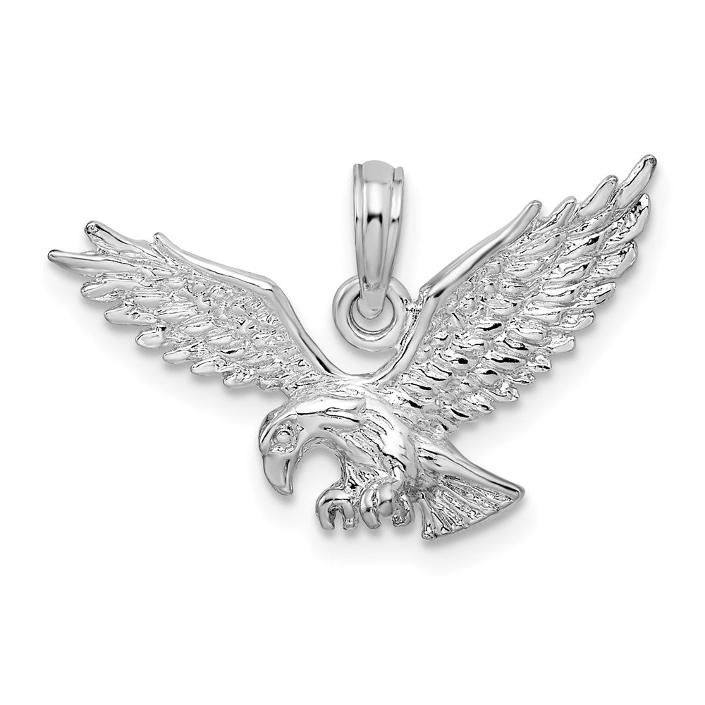Sterling Silver Rhodium-plated Textured 3D Landing Eagle Pendant