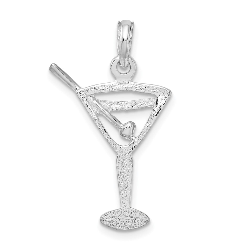 Sterling Silver Rhodium-plated Polished Cut-out Martini w/Olive Pendant