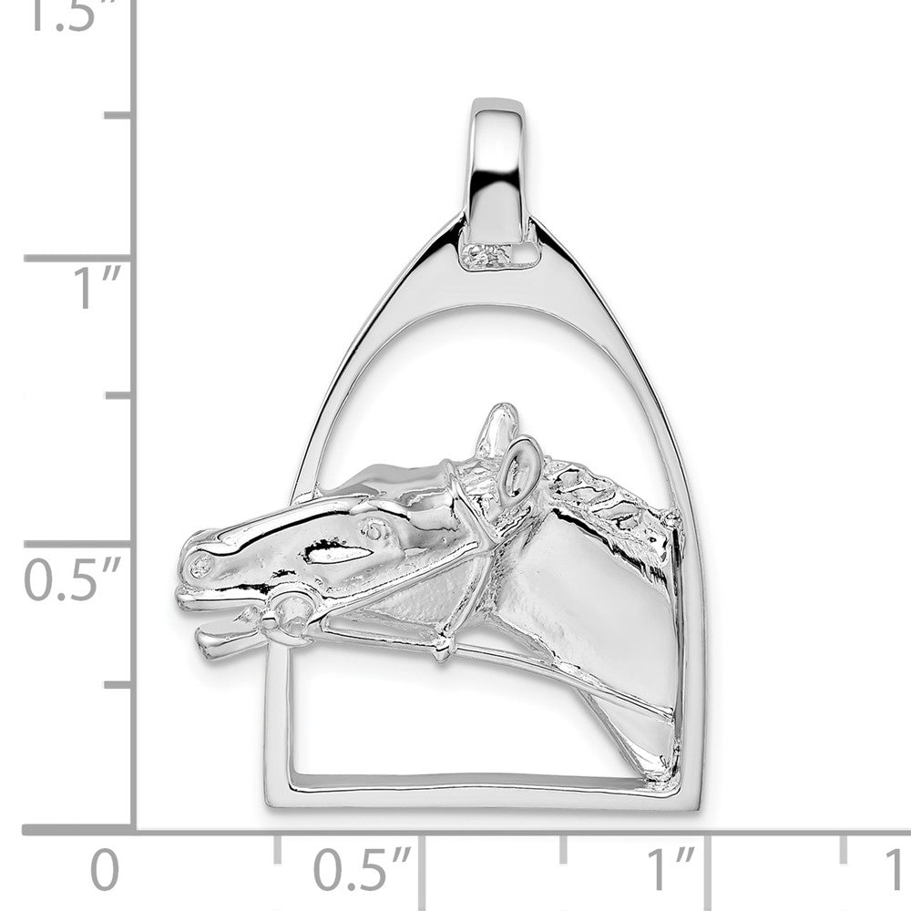 Sterling Silver Rhodium-plated Polished Horse Head w/Stirrup Pendant