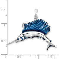 Sterling Silver Rhodium-plated Polished Enameled Sailfish Pendant