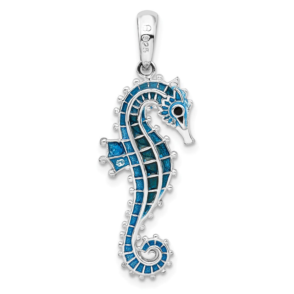 Sterling Silver Rhod-plated Polished 3D Enameled Blue Seahorse Pendant
