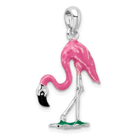 Sterling Silver Rhodium-plated Polished 3D Pink Flamingo Pendant