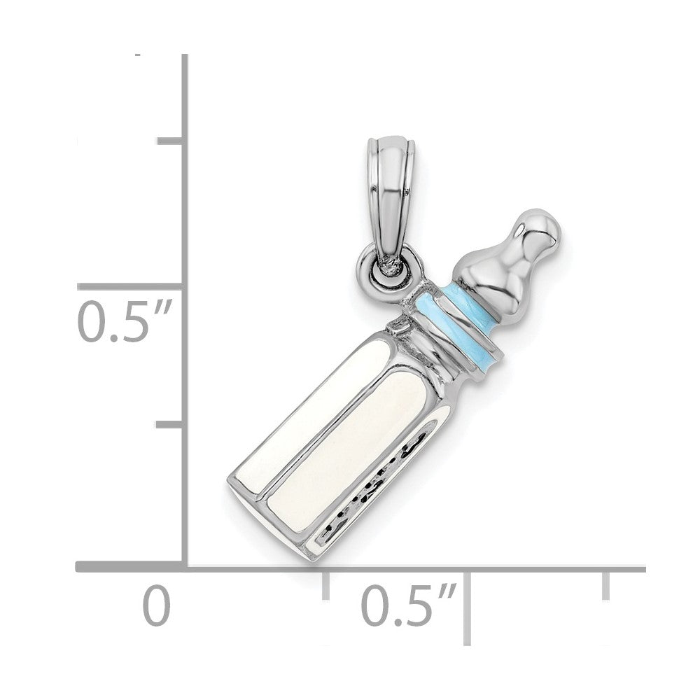 Sterling Silver Rhodium-plated Polished 3D Blue Baby Bottle Pendant
