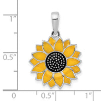 Sterling Silver Rhodium-plated Polished Enameled Sunflower Pendant