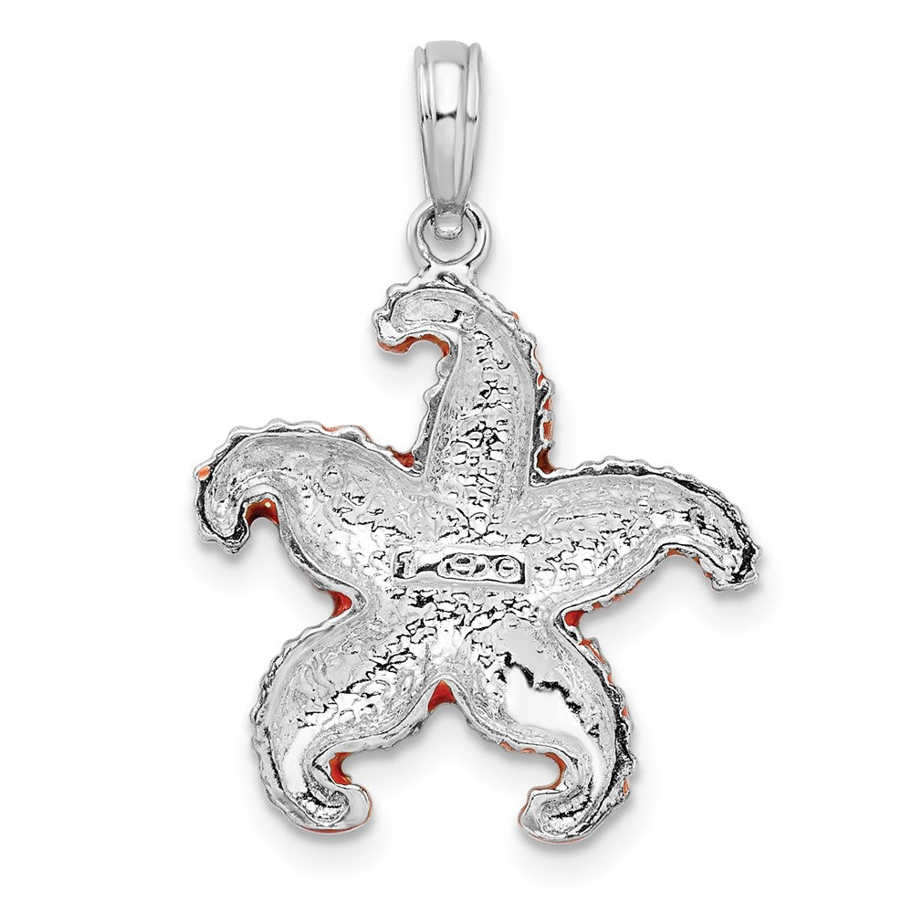 Sterling Silver Rhodium-plated Enameled Orange Starfish Pendant