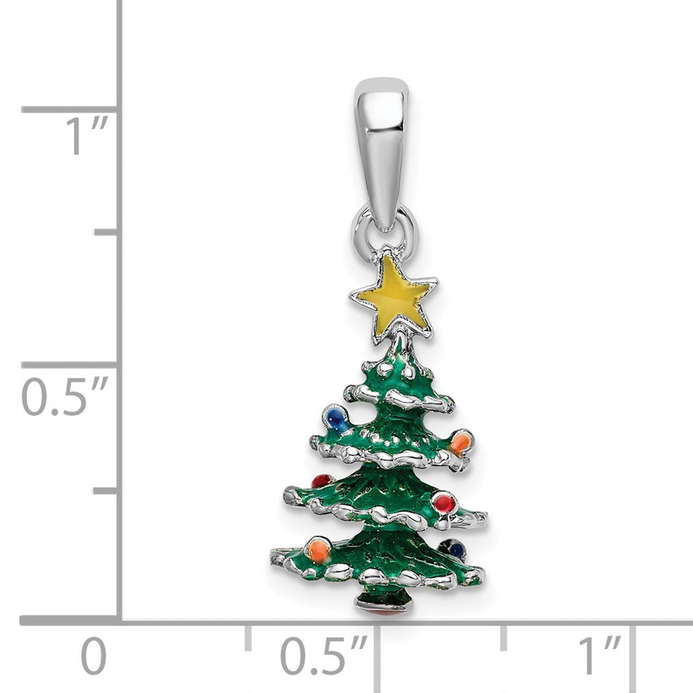 Sterling Silver Rhodium-plated 3D Enameled Christmas Tree Pendant