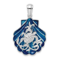 Sterling Silver Rhodium-plated Enameled Blue Shell w/Turtle Pendant
