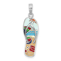 Sterling Silver Rhodium-plated 3D Enamel Beach Scene Flip-flop Pendant