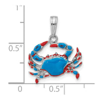 Sterling Silver Rhodium-plated Polished Enameled Blue Crab Pendant