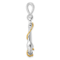 Sterling Silver Rhodium-plated Polished 3D Anchor w/14k Rope Pendant