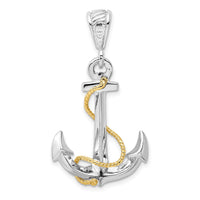 Sterling Silver Rhodium-plated Polished 3D Anchor w/14k Rope Pendant
