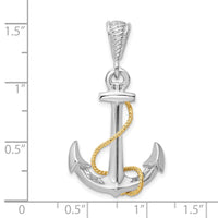 Sterling Silver Rhodium-plated Polished 3D Anchor w/14k Rope Pendant