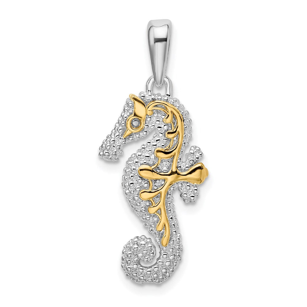 Sterling Silver Rhodium-plated 3D Seahorse w/14k Accent Pendant