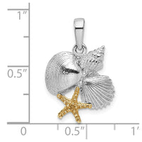 Sterling Silver Rhodium-plated Polished Shells w/14k Starfish Pendant
