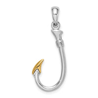 Sterling Silver Rhodium-plated 3D Fish Hook w/14k Accent Pendant