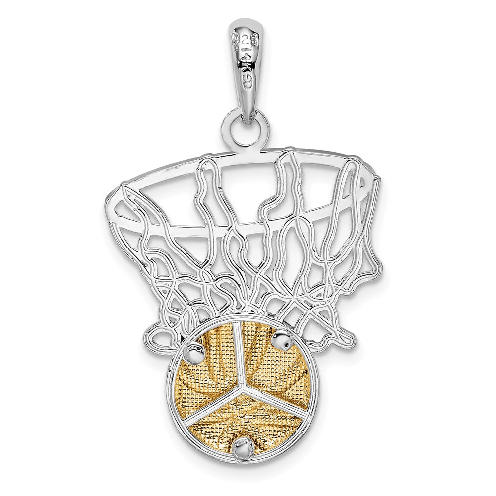 Sterling Silver Rhodium-plated Polished Net w/14k Basketball Pendant