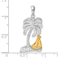 Sterling Silver Rhod-plated Polished Palm Tree w/14k Sailboat Pendant