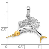 Sterling Silver Rhod-plated Polished Sailfish w/14k Accents Pendant