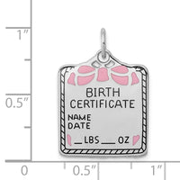 SS Rh-plt Pink Birth Certificate Polished Front/Satin Back Charm