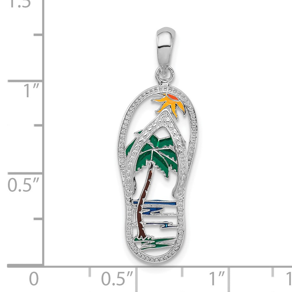 Sterling Silver Rhodium-plated Enameled Palm Tree Flip-flop Pendant