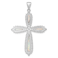 Sterling Silver RH-plated White Created Opal & CZ Border Cross Pendant