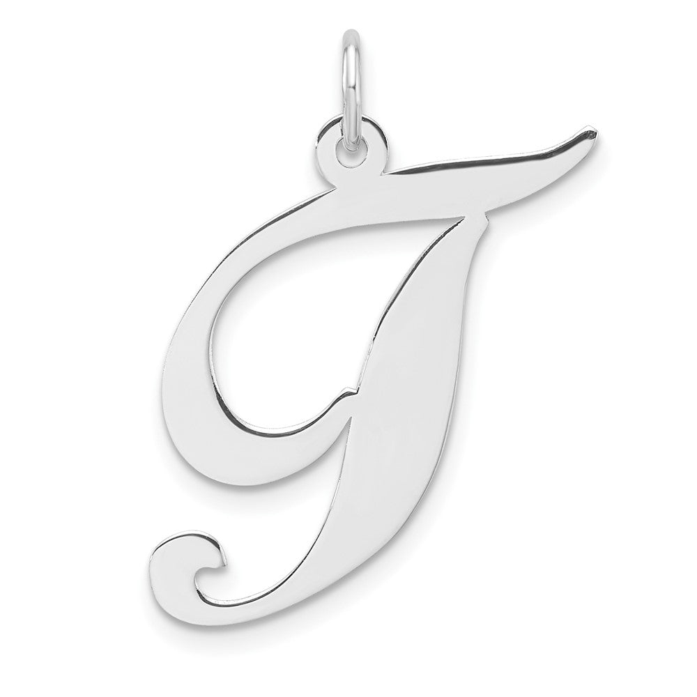 Large Sterling Silver Rhodium-plated Fancy Script Letter T Initial Charm