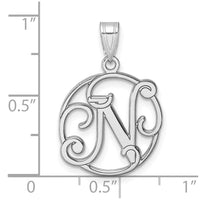 Small Sterling Silver Rhodium-plated Fancy Script Letter N Initial Pendant