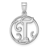 Small Sterling Silver Rhodium-plated Fancy Script Letter T Initial Pendant