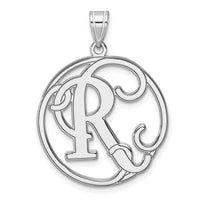 Large Sterling Silver Rhodium-plated Fancy Script Letter R Initial Pendant