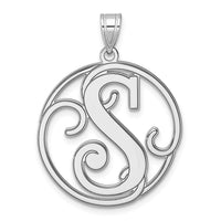 Large Sterling Silver Rhodium-plated Fancy Script Letter S Initial Pendant