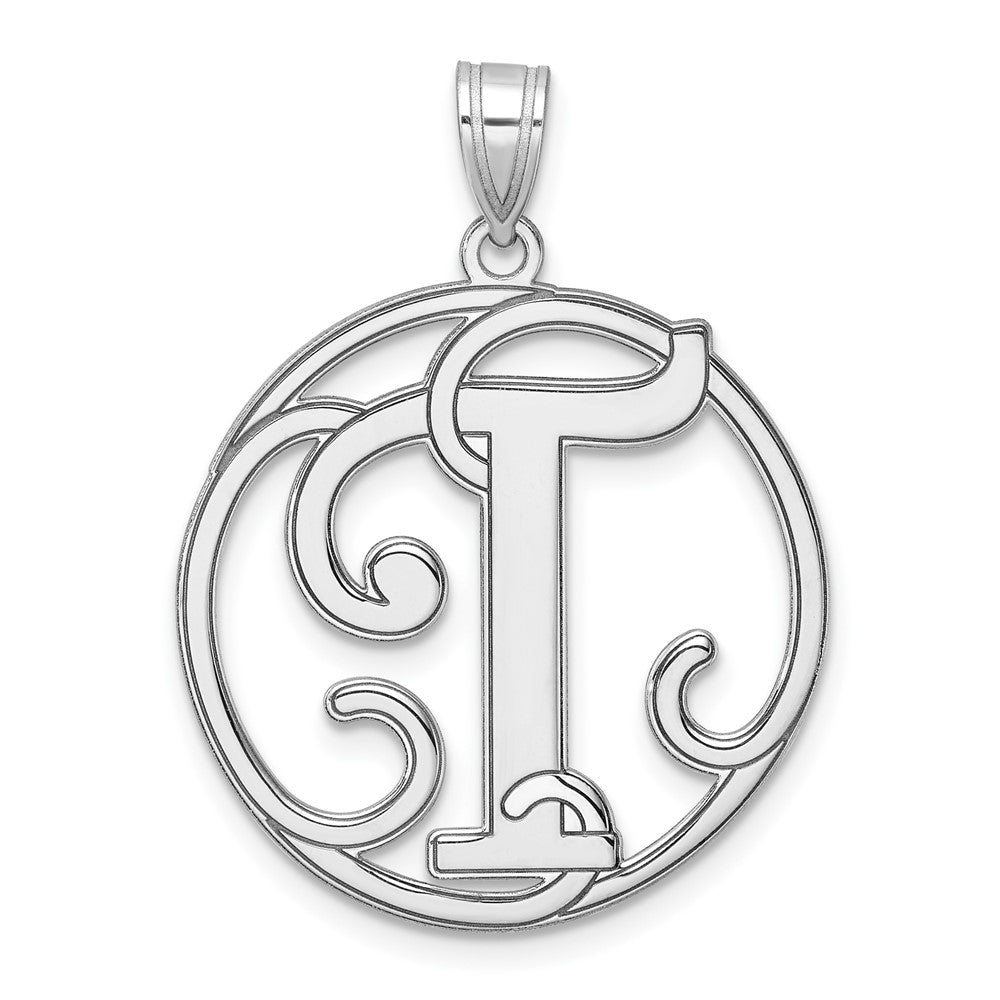 Large Sterling Silver Rhodium-plated Fancy Script Letter T Initial Pendant