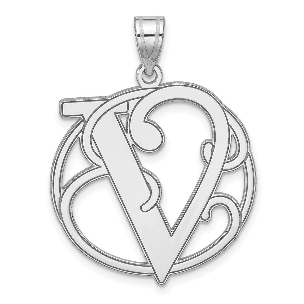 Large Sterling Silver Rhodium-plated Fancy Script Letter V Initial Pendant