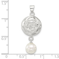 Sterling Silver Polished Textured Domed Flower with Dangle Pearl Pendant