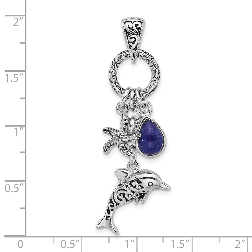 Sterling Silver Rhod/Oxidized Lapis Lazuli Dolphin/Starfish Pendant