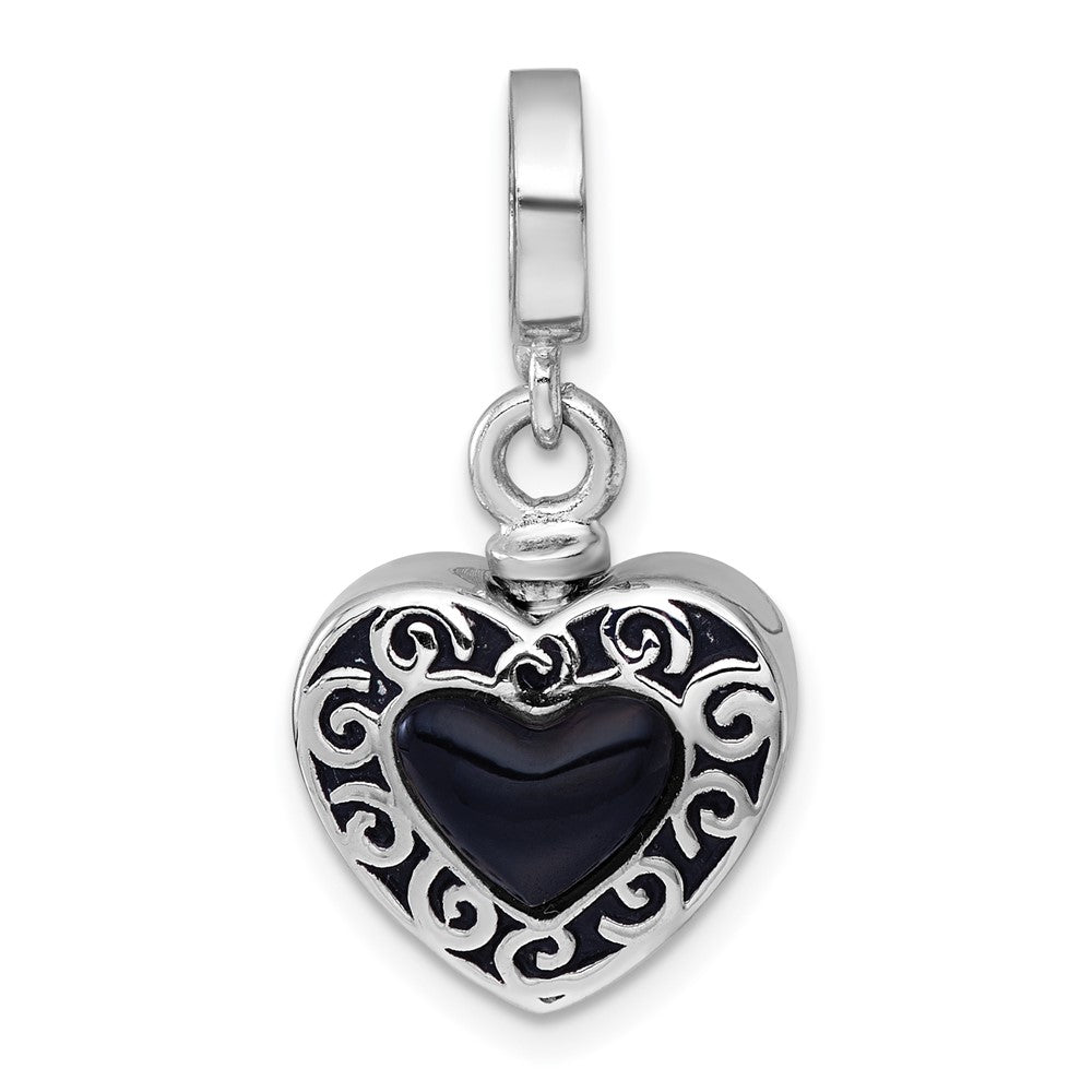 Sterling Silver RH-plated Onyx Enameled Heart Ash Holder Bead/Pendant