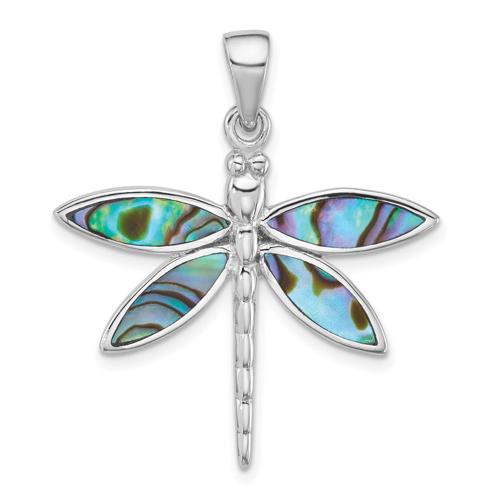 Sterling Silver Rhodium-plated Polished Abalone Dragonfly Pendant