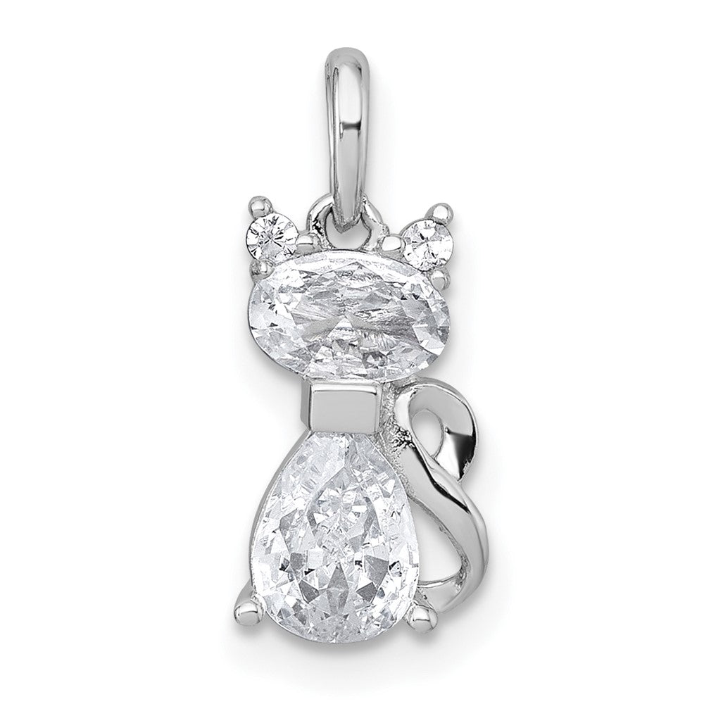 Sterling Silver Rhodium-plated White CZ Cat Pendant
