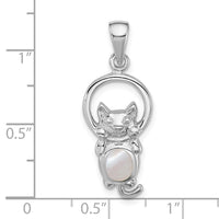 Sterling Silver Rhodium-plated Polished MOP Hanging Cat Pendant