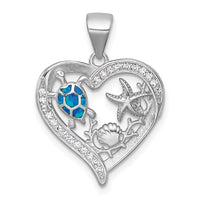 Sterling Silver RH-plat Textured Blue Created Opal CZ Sealife Heart Pendant
