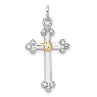 Sterling Silver RH-pl w/14k Accent Polished CZ Budded Cross Pendant