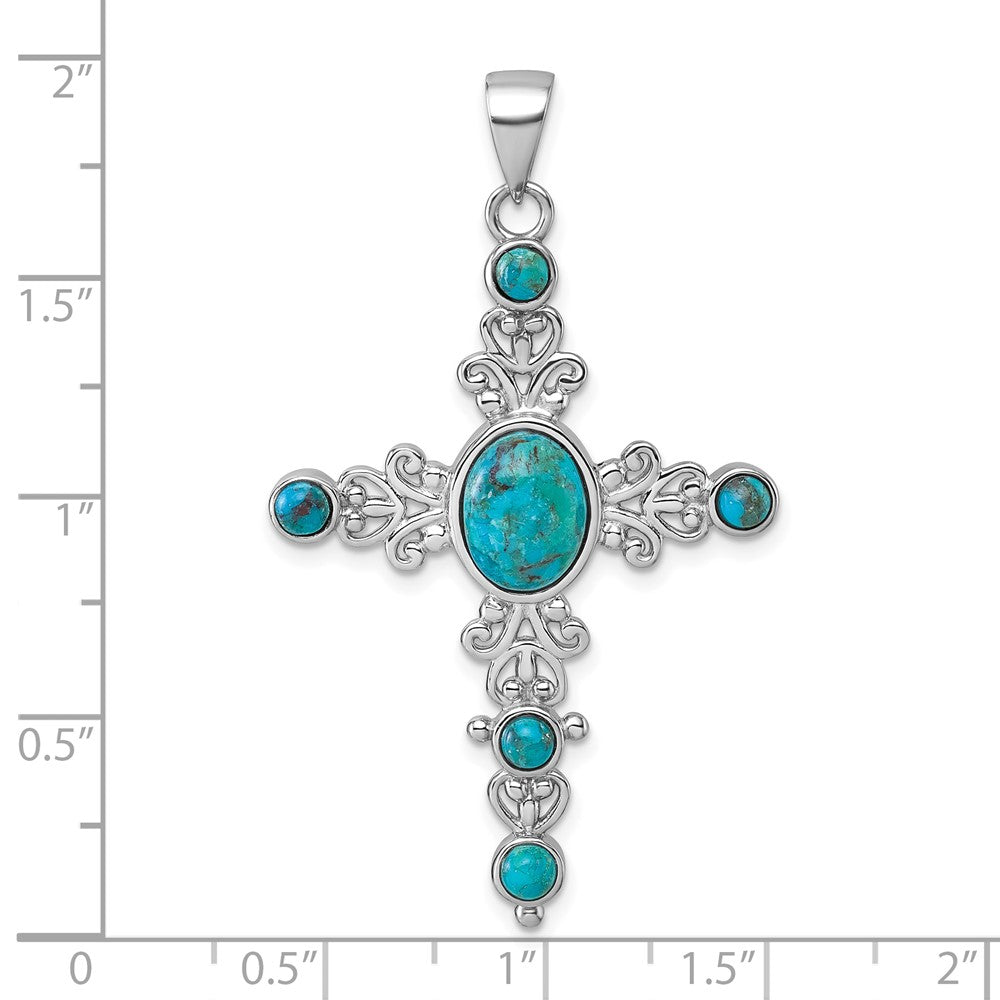 Sterling Silver RH-plated Compressed Turquoise Fancy Cross Pendant
