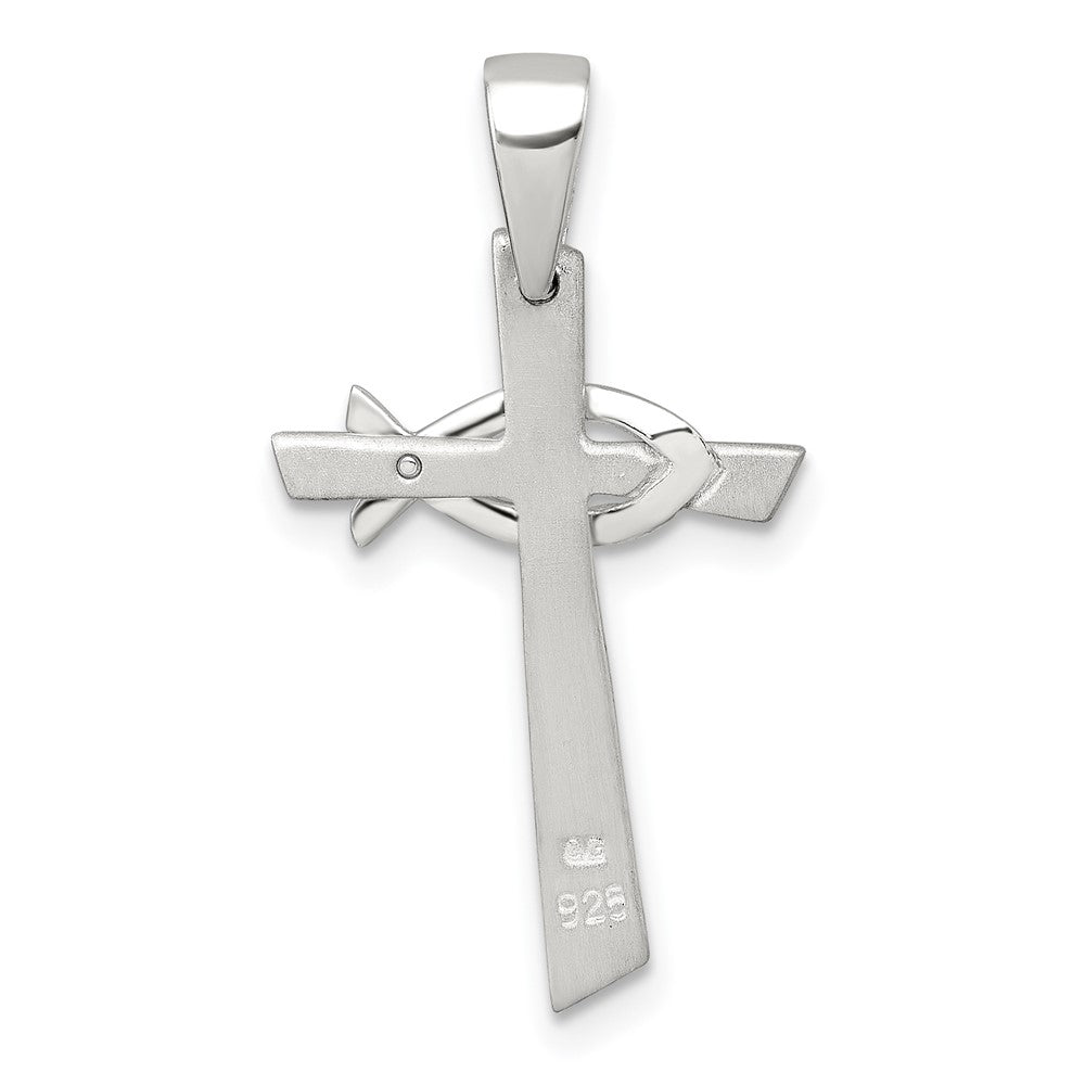 Sterling Silver Brushed Cross with Polished Ichthus Fish Pendant