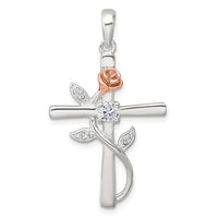 Sterling Silver Rose Gold-plated CZ Cross with Rose Pendant