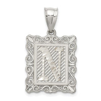 Sterling Silver Square Diamond-cut Letter N Initial Pendant