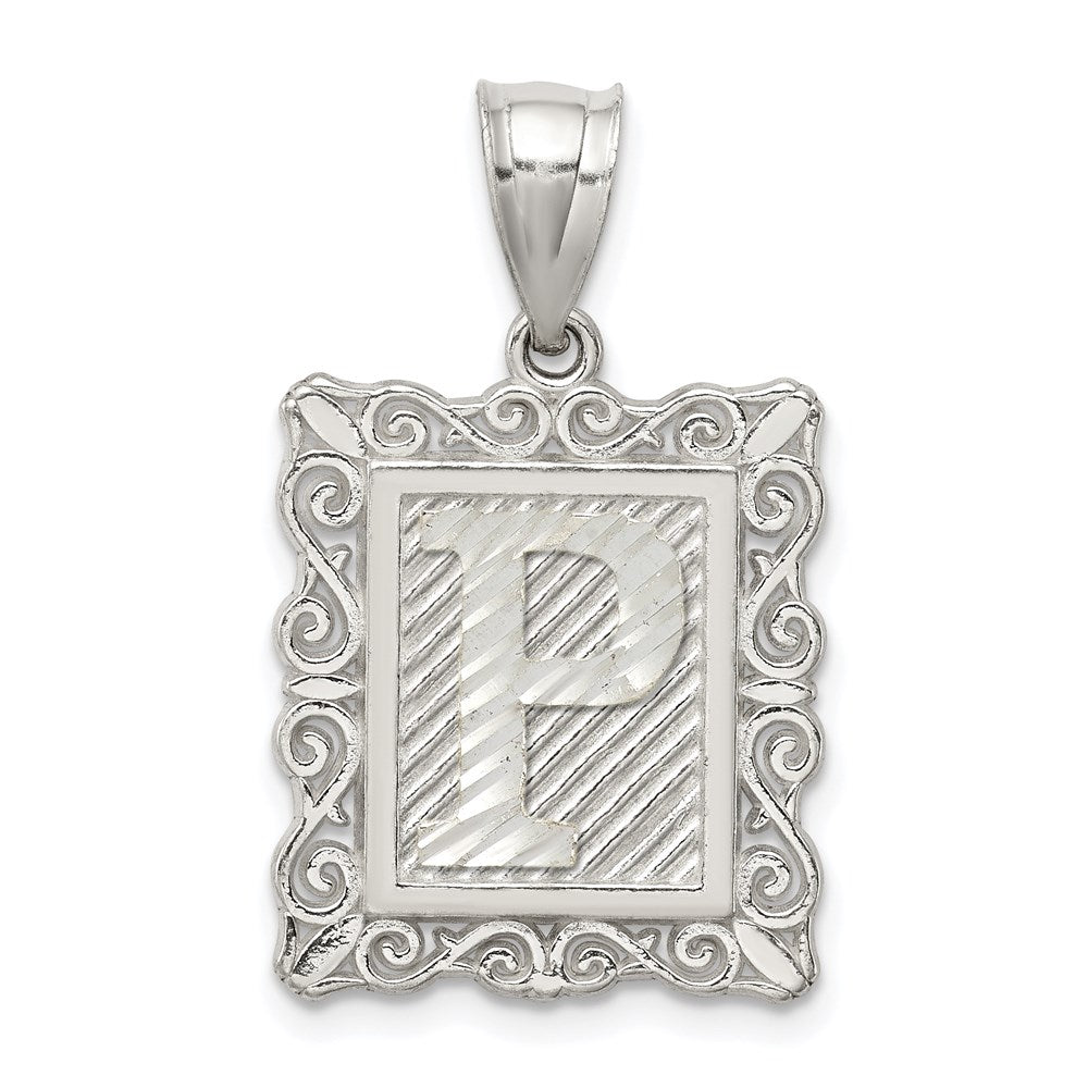 Sterling Silver Square Diamond-cut Letter P Initial Pendant