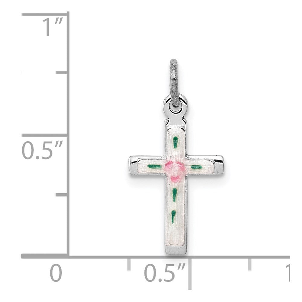 Sterling Silver Platinum-plated Enameled Cross Charm