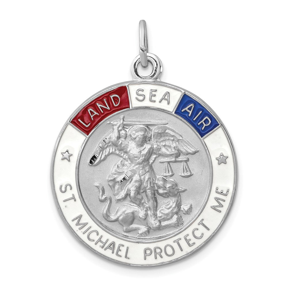 Sterling Silver Platinum-plated Enameled Saint Michael Medal
