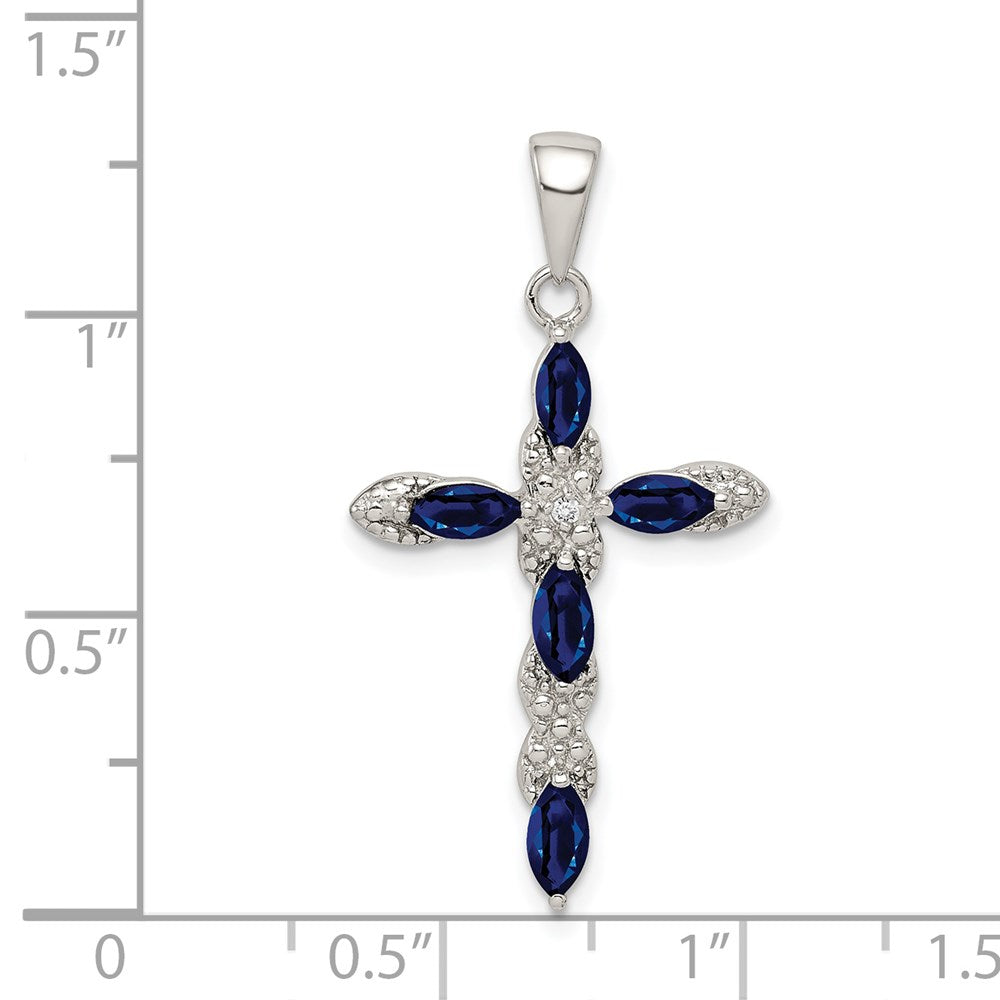 Sterling Silver RH-plated Black Sapphire and Diamond Cross Pendant