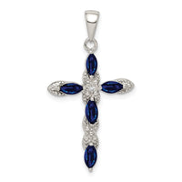 Sterling Silver RH-plated Black Sapphire and Diamond Cross Pendant